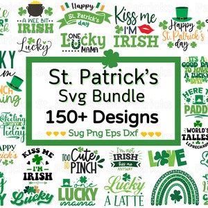 May include: A collection of over 150 St. Patrick's Day SVG designs, featuring phrases such as "Shake Your Shamrock", "Kiss Me I'm Irish", and "Lucky Charm". The designs are in green, black, and white.