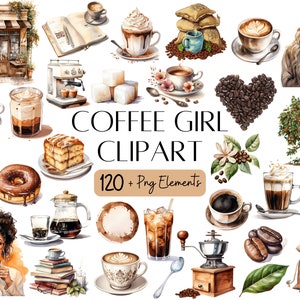 Café Chica Clipart Set Amantes del Café Clipart Paquete Acuarela Café Clipart Digital Pegatinas Libro Café Clipart Café Capuchino Scrapbook