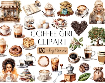 Aquarell Kaffee Clipart Bundle, Kaffee Mädchen, Cafe Szenen (Digital Stickers)
