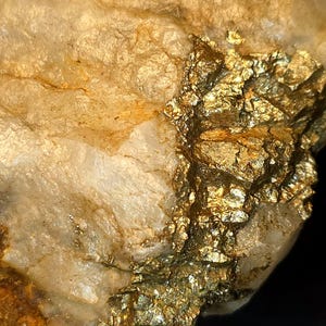 Könnte beinhalten: Eine Nahaufnahme eines rohen Mineralexemplars mit einer großen, gezackten Ader aus metallischem, goldfarbenem Erz, das in einen durchscheinenden, cremeweißen Quarzstein eingebettet ist. Die Oberfläche des Steins ist mit unregelmäßigen Rillen strukturiert.