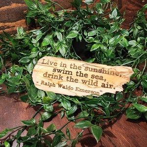 May include: A wooden plaque with the quote "Live in the sunshine, swim the sea, drink the wild air" by Ralph Waldo Emerson, engraved in a rustic font. The plaque is surrounded by green foliage, creating a natural, decorative piece.