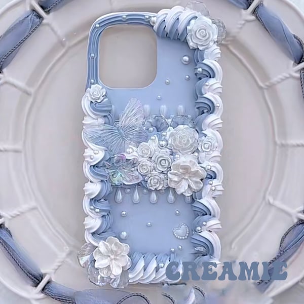 Hazy Blue Baroque Style Decoden Phone Case, Blue Roses and Butterfly, Handmade Fake Cream Flowers Phone Case for Samsung, Apple, Android