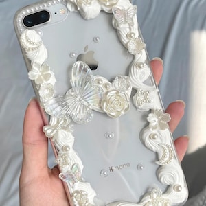 Klare Decoden Handyhülle mit Zuckergussrahmen für alle Marken, weiße süsse Kawaii Handyhülle, handgemachte iPhone 14 Hülle, Samsung, Android