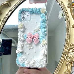 Decoden Phone Case, Blue Bow Chic Baroque Style Case, Handmade Fake Cream Phone Case for Samsung, Apple, Android imagem 2