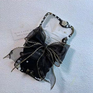 Black Bow Baroque Style Decoden Phone Case for All Brand, Black Fake Cream Classic Case, Customized Case for Samsung Android