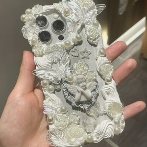 Grigio chiaro Angel Baroque Style Decoden Phone Case per tutte le marche, Silver Frame Fake Cream Case, Phone case iPhone 14, Samsung, Android