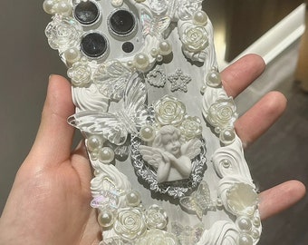 Light Grey Angel Baroque Style Decoden Phone Case for All Brand, Silver Frame Fake Cream Case,  Phone case iPhone 14, Samsung, Android