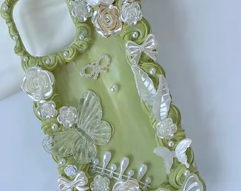 Pastel Green Floral Decoden Phone Case for All Brand, Baroque Fake Green Icing Decora Phone Case, Handmade iPhone 14 Case, Samsung, Android