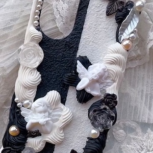 Double Angels Decoden Phone Case for All Brand, Black and White Decoden Cream Phone Case, Handmade iPhone 14 Case, Samsung, Android