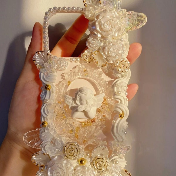 Gold Roses Baroque Style Decoden Phone Case for All Brand, Angel Aesthetic Cream Phone Case, Handmade Phone case iPhone 14, Samsung, Android