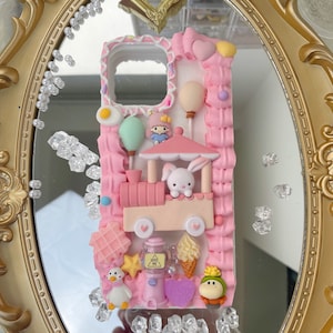 Decoden Phone Case, Pink Cute Bunny for All Brand Phone Case, Adorable, Fake Cream Phone Case, Decoden Case for Samsung Android