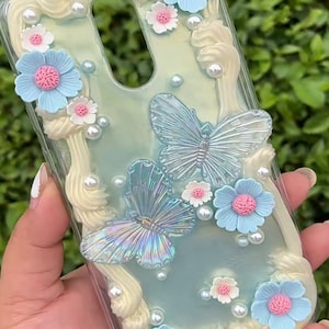 Pearly Shiny Blue Sakura and Butterflies Baroque Decoden Handmade Phone Case for All Brand, Customized Case for iPhone Samsung Android