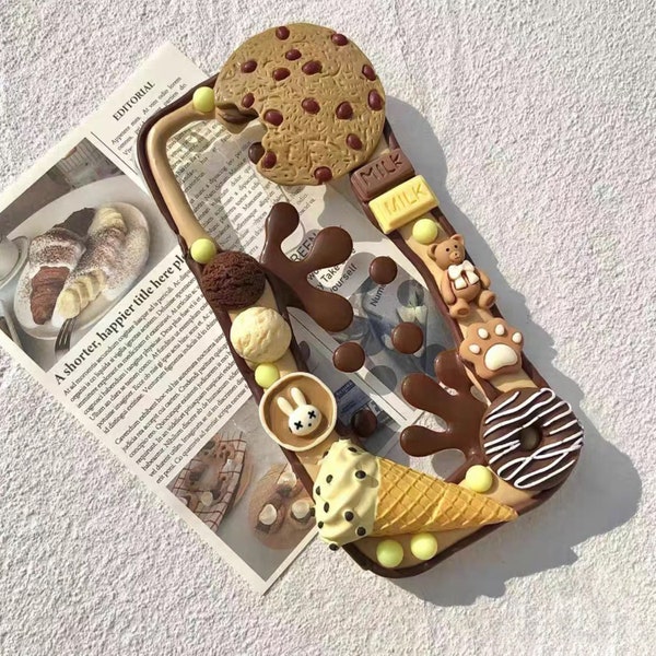 Big Cookie and Ice Cream Decoden Phone Case pour toutes les marques avec confiture de chocolat, étui de téléphone crème, étui iPhone 14 fait à la main, Samsung, Android