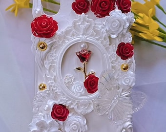 Decoden Phone Case for All Brand, Red and White Roses Baroque Floral Decora Phone Case, Handmade iPhone 14 Case, Samsung, Android