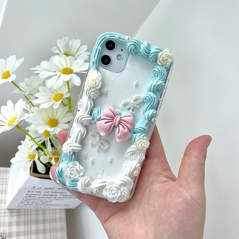 Decoden Phone Case, Blue Bow Chic Baroque Style Case, Handmade Fake Cream Phone Case for Samsung, Apple, Android imagem 5