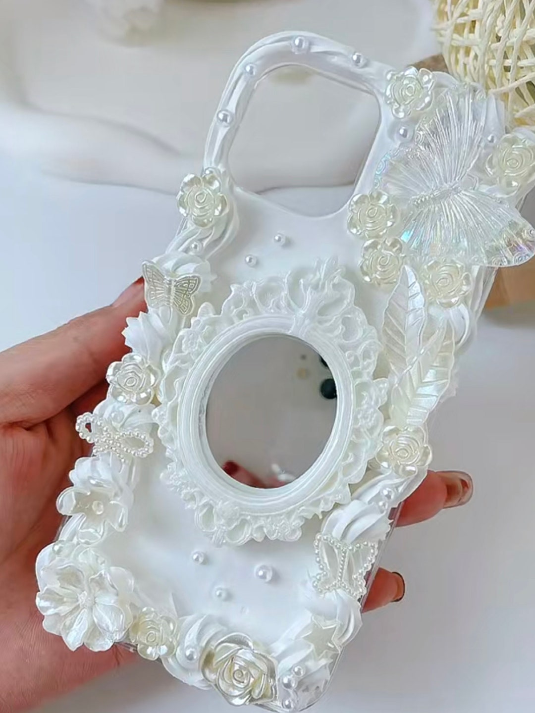 White Decoden Phone Case for All Brand With Mirror, Baroque Roses Icing Decora Phone Case
