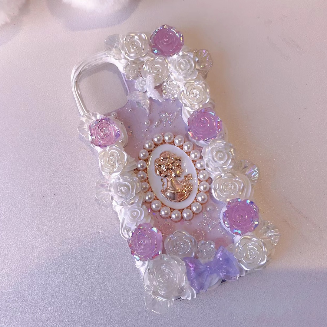 Crystal Purple Decoden Phone Case for All Brand, Violet Roses, Icing Decora Phone Case, Handmade