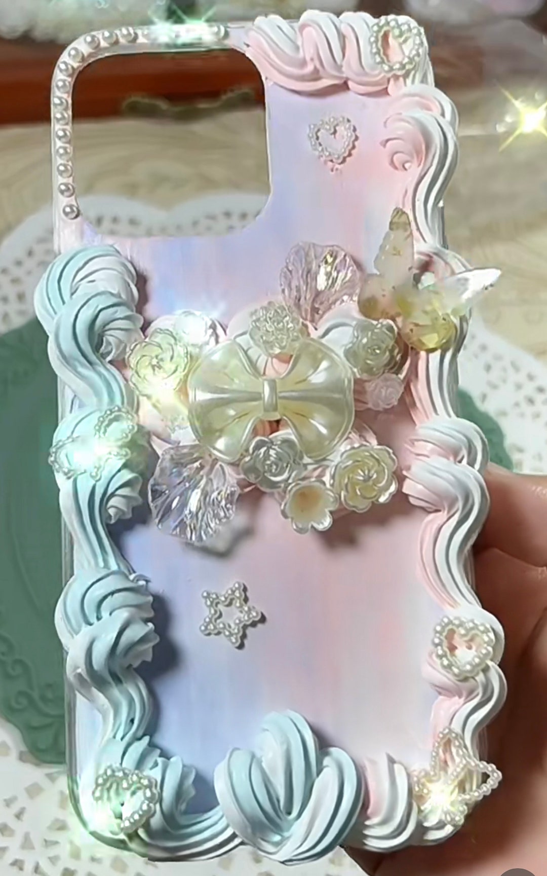 Blue and Pink Ombre Decoden Phone Case for All Brand, White Bow Decora Phone Case, Handmade