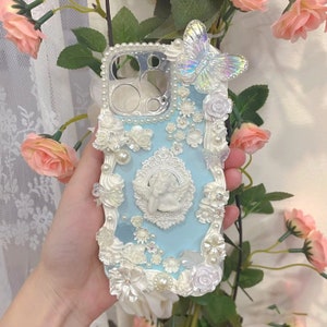 Angel Frame Baby Blue Baroque Decoden Phone Case, Shiny Butterfly Decoden Case, Handmade Fake Cream Phone Case for Samsung, Apple, Android
