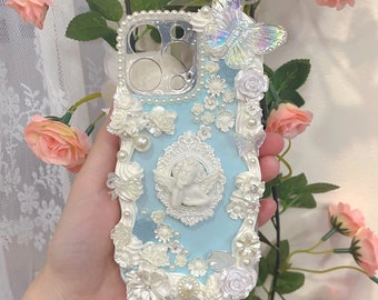 Angel Frame Baby Blue Baroque Decoden Phone Case, Shiny Butterfly Decoden Case, Handmade Fake Cream Phone Case for Samsung, Apple, Android