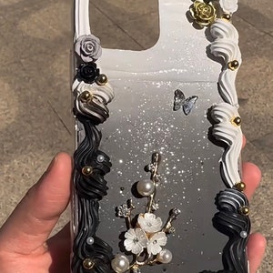 Schwarz Weiße Ombre Decoden Handyhülle für alle Marken, Glitzer Creme Handyhülle mit Rosen, Handgemachte iPhone 14 Hülle, Samsung, Android