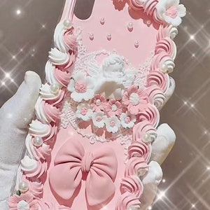 Pink Bow with Angel Baroque Style Decoden Phone Case for All Brand, Black Fake Cream Gorgeous Case, Customized Case for Samsung Android