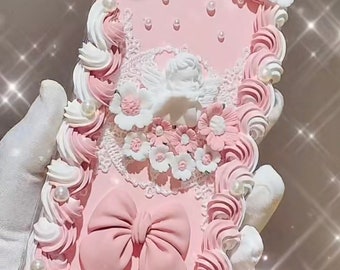 Noeud rose avec coque de téléphone décodée de style baroque ange pour toutes les marques, magnifique coque noire fausse crème, coque personnalisée pour Samsung Android