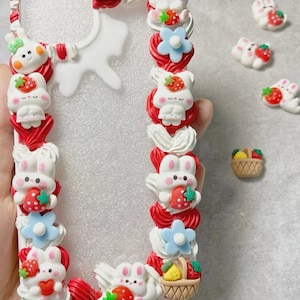 Strawberry Bunny Decoden Phone Case, Red Cute Bunny for All Brand Phone Case, Adorable, Fake Cream Case, Decoden Case for Samsung Android