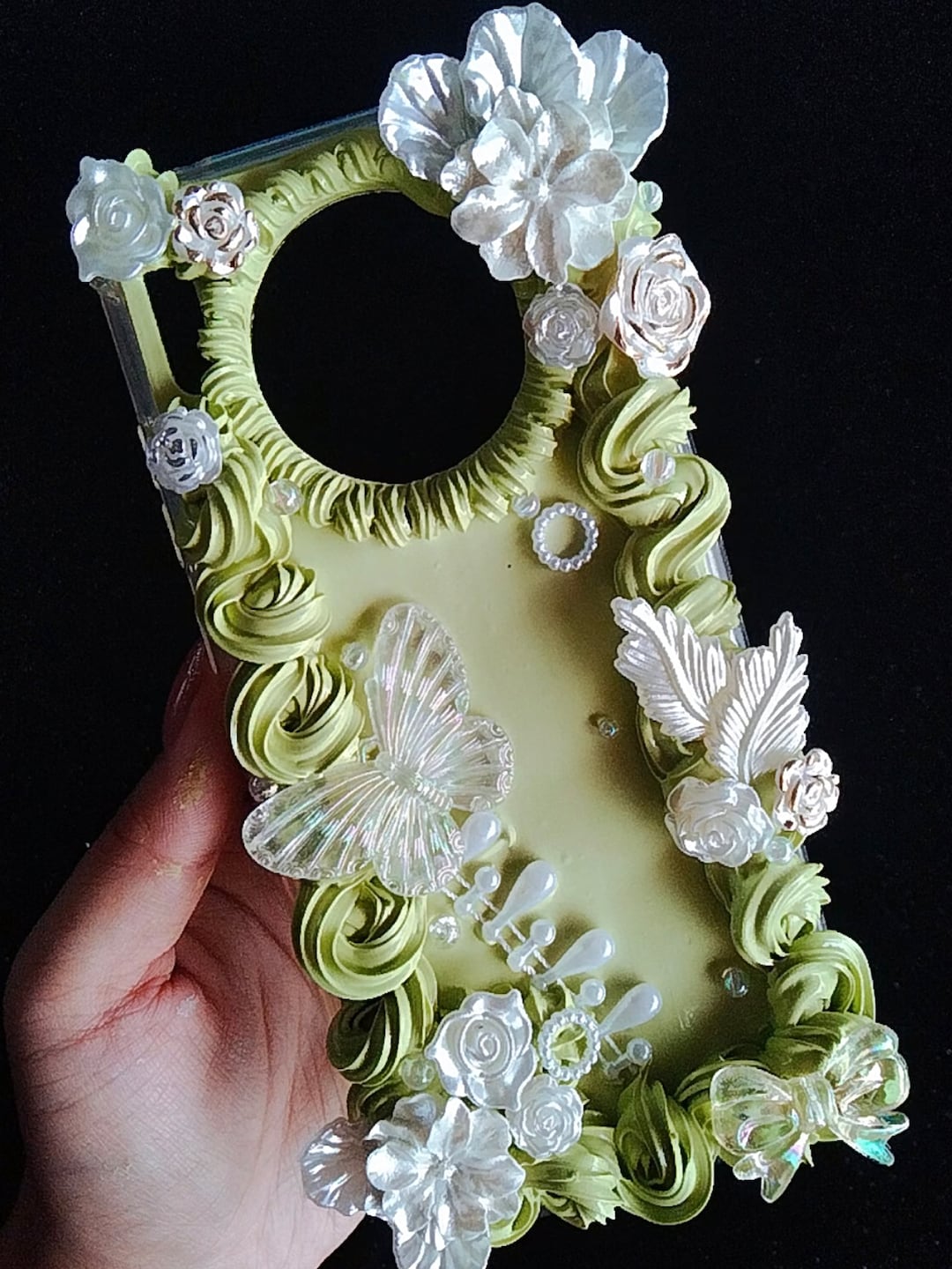 Green Decoden Phone Case for All Brand, Butterfly Roses and Leaves Decora Phone Case, Handmade