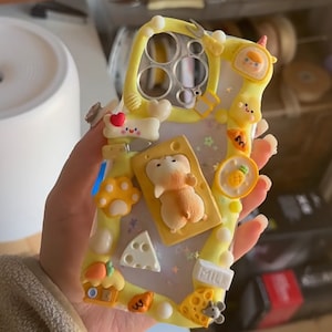 Kawaii Hamster and Cakes Decoden Phone Case for All Brand, Yellow Charms Cute Fake Cream Phone Case, iPhone 14, Samsung, Android