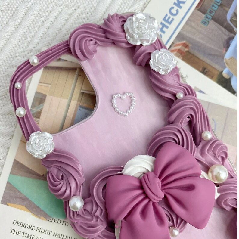 Dark Pink Bow Decoden Phone Case with Roses for All Brand, Cream Phone Case, Handmade iPhone 14 Case, Samsung, Android image 2