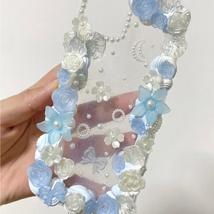 Light Blue Fresh Crystal Texture Clear Baroque Style Decoden Phone Case for All Brand, Fake Cream Case, Customized Case for Samsung Android