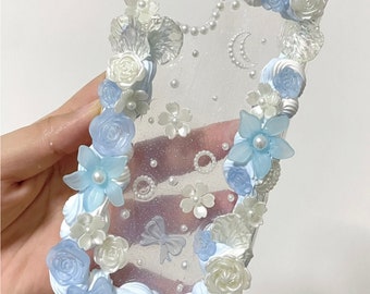 Light Blue Fresh Crystal Texture Clear Baroque Style Decoden Phone Case for All Brand, Fake Cream Case, Customized Case for Samsung Android