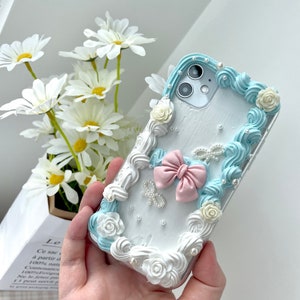 Decoden Phone Case, Blue Bow Chic Baroque Style Case, Handmade Fake Cream Phone Case for Samsung, Apple, Android imagem 1