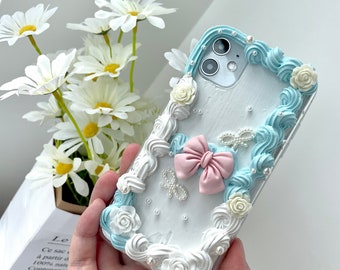 Decoden Phone Case, Blue Bow Chic Baroque Style Case, Handmade Fake Cream Phone Case for Samsung, Apple, Android