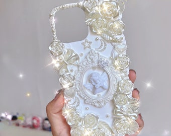 White Baroque Pearl Style Decoden Phone Case for All Brand, Chic Fake Cream Case iPhone 11, Customized Case for Samsung Android