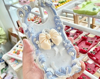 Retro Handmade Light Blue and Bow Baroque Decoden Phone Case, Gorgeous Fashion Decor Case, Fake Cream Phone Case for Samsung, Apple, Android