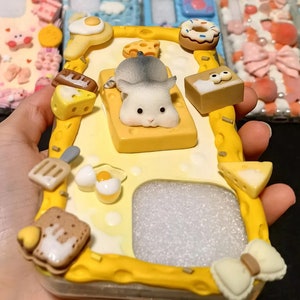 Cute Hamster Decoden Phone Case for All Brand, Yellow Egg and Cheese Cute Phone Case, Fake Icing Cream Handmade iPhone 14 Case Pixel Samsung