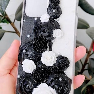 Black and White Roses Baroque Style Decoden Phone Case for All Brand, Fake Cream Case, Customized Case for Samsung Android