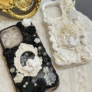 Schwarz Weiß Engel Decoden Handyhülle für alle Marken, Barock Creme Handyhülle mit Rosen, Handgemachte iPhone 14 Hülle, Samsung, Android