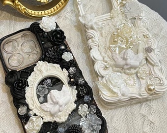 Black White Angel Decoden Phone Case for All Brand, Baroque Cream Phone Case with Roses,  Handmade iPhone 14 Case, Samsung, Android