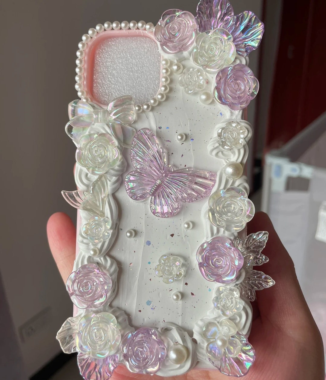 White and Violet Roses Decoden Phone Case for All Brand, Baroque Roses Icing Decora Phone Case