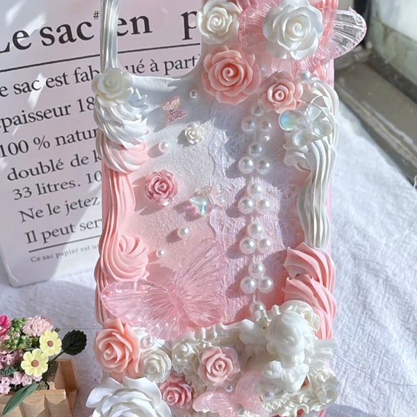 Coque de portable rose de décodage de style baroque pour toutes les marques, fausse coque de téléphone crème esthétique 3D, coque de portable faite main pour iPhone 14, Samsung, Android