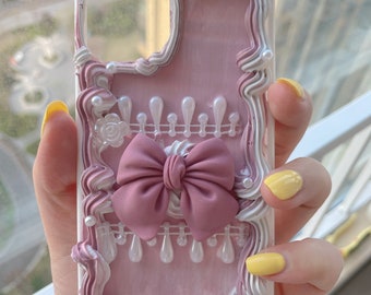 Decoden Phone Case, Pink Bow for All Brand Phone Case, Baroque Style, Fake Cream Phone Case, Decoden Case for Samsung Android