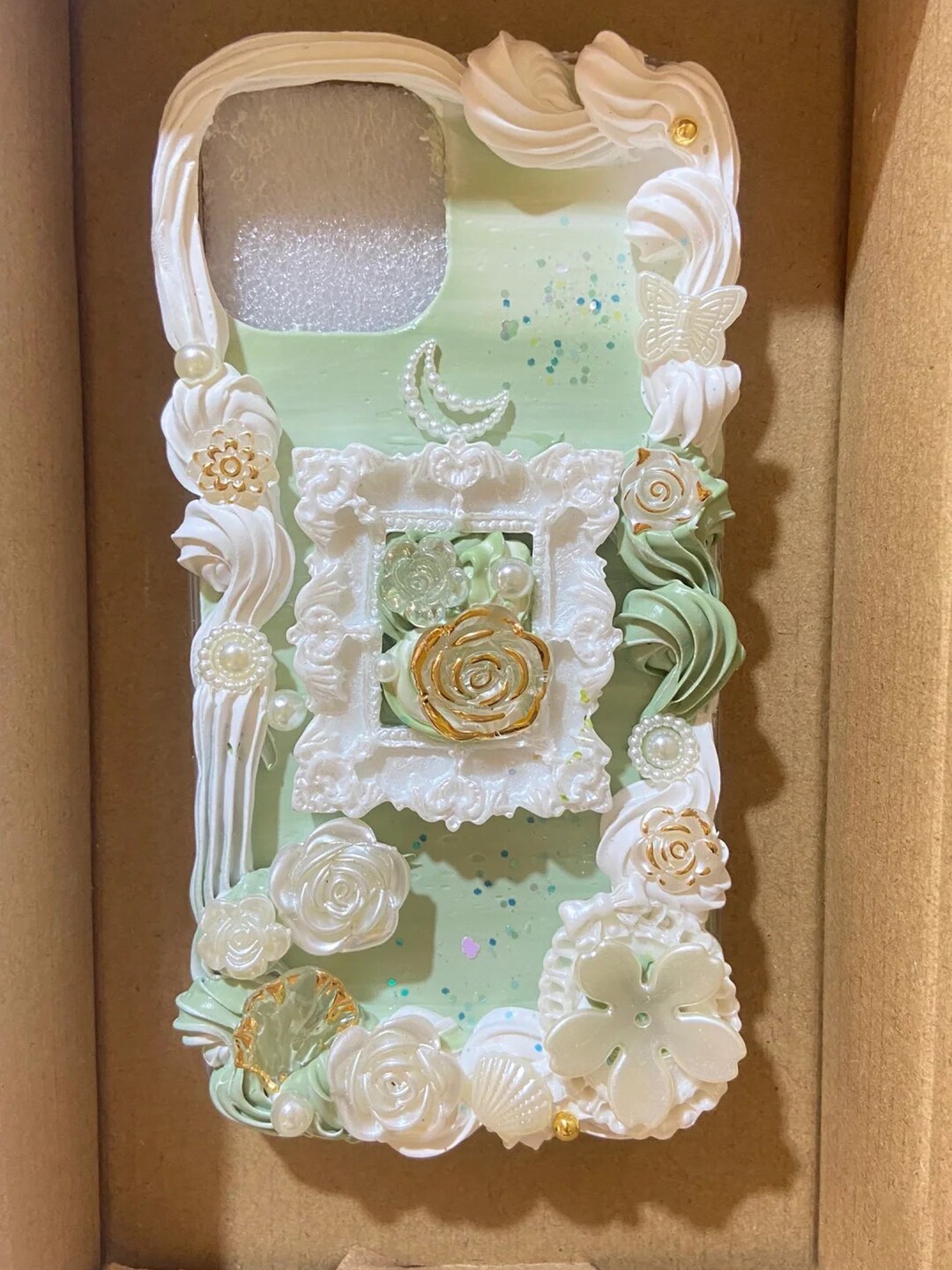 Pastel Green Decoden Phone Case for All Brand, Gold Roses and Flowers, Icing Decora Phone Case