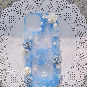 Blue Crystal Texture Baroque Style Decoden Phone Case with Butterfly for All Brand, Cream Case, Handmade iPhone 14 Case, Samsung, Android