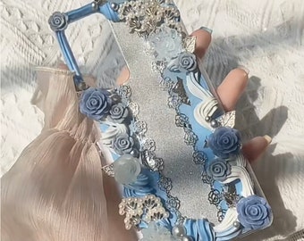 Blue Classical Gorgeous Fancy Opera Style Decoden Phone Case for All Brand, Fake Cream Case, Customized Case for Samsung Android