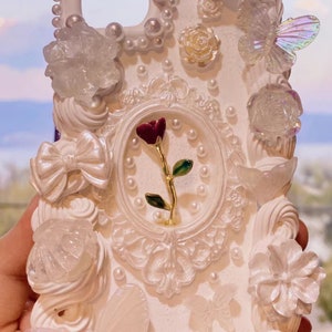 Rose Decoden Phone Case for All Brand, Red Rose with Frame Phone Case with Small Decor, Handmade iPhone 14 Case, Samsung, Android