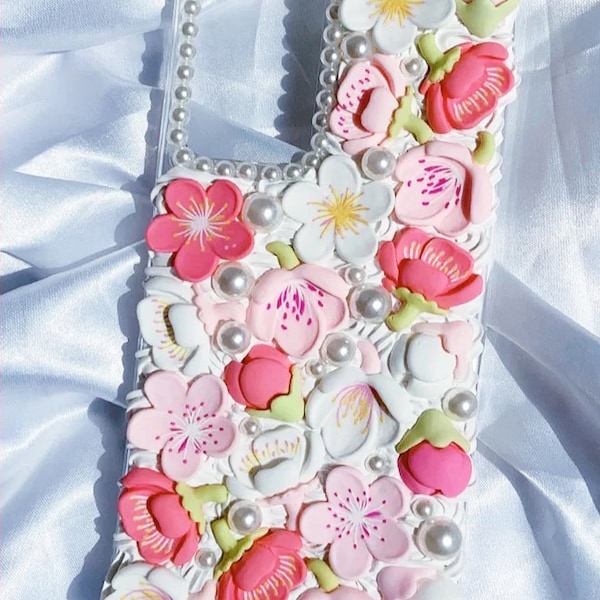 Voller Sakura Dekoden Handyhülle für alle Marken, schicke und hübsche Blumen Fake Cream Phone Case, Handyhülle iPhone 14, Samsung, Android