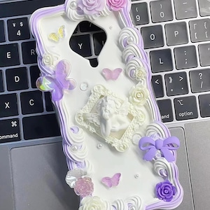 Purple Baroque Decoden Handmade Phone Case for All Brand, Fake Cream Case with Butterfly Charms, Customized Case for iPhone Samsung Android